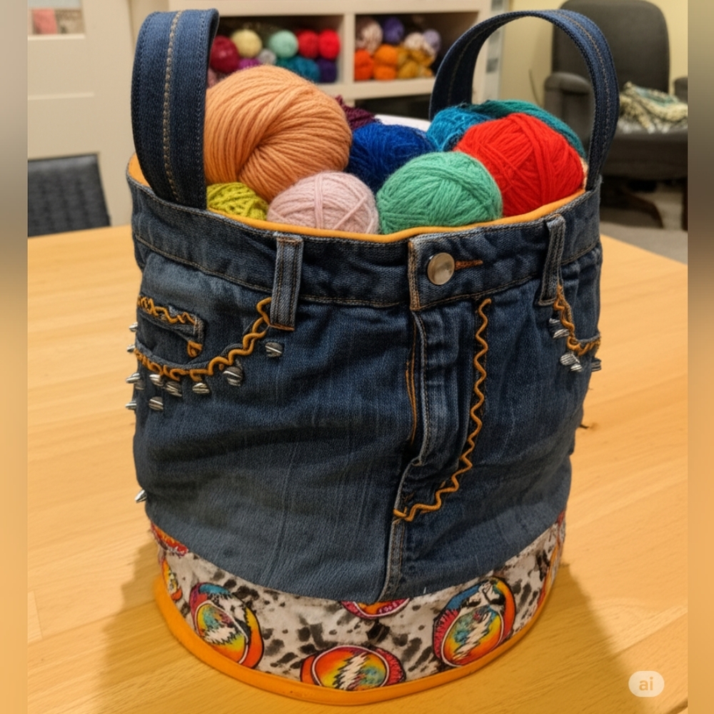 Upcycled Molly Made It Greatful Dead Jeans Storage Basket